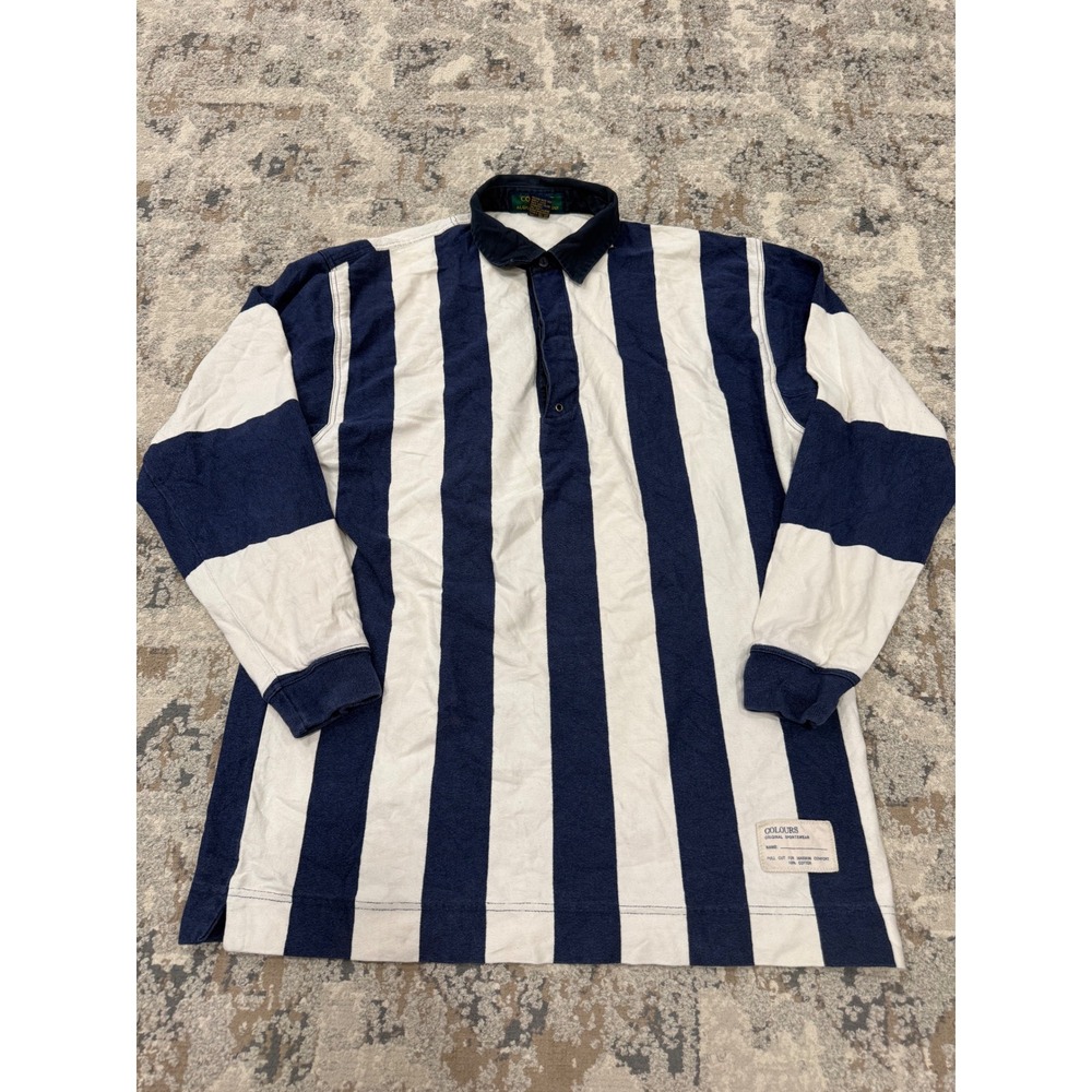 Colours Alexander Julian Mens Medium Rugby Shirt Navy Cream Vertical Stripe 100%